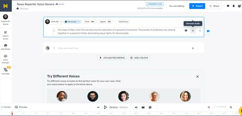 Generate life-like AI news reporter voices by Murf news reporter voice generator