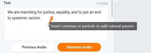 Insert commas or periods to add natural pauses to AI voices