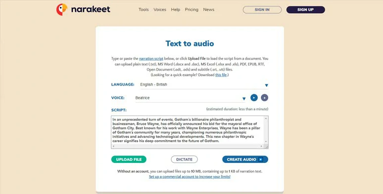 Use Narakeet news reporter voice generator to convert text to AI news reporter voice through documents