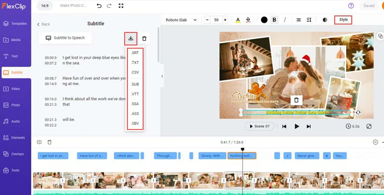 Customize the style of subtitles and download subtitles in diverse formats for other repurposings