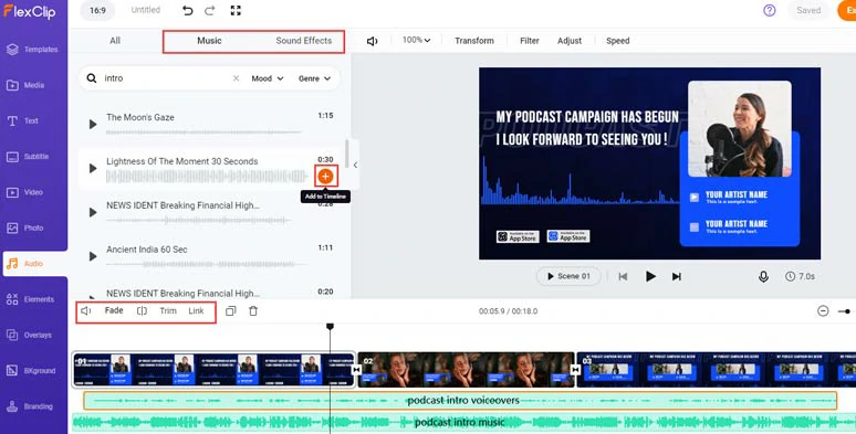 Add royalty-free podcast intro music and layer podcast intro voiceovers on it and adjust details