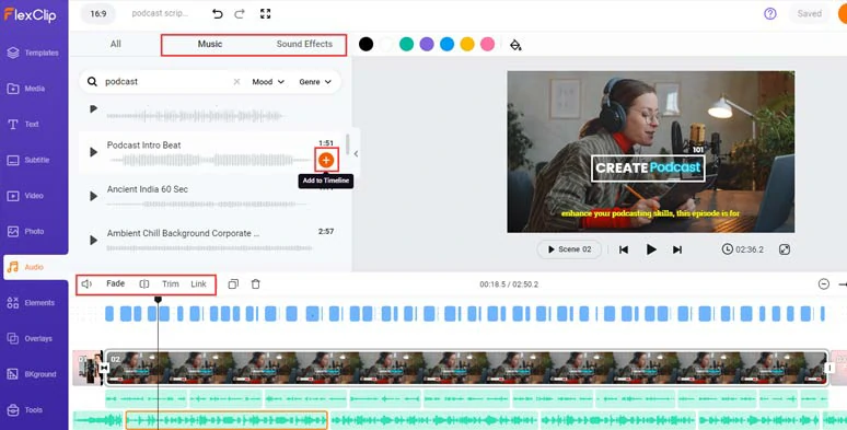 Add royalty-free podcast intro music and sound effects to add vibes and emotions to your podcast video