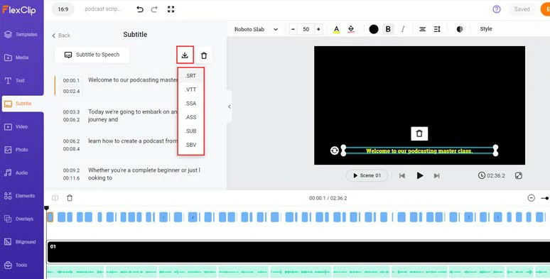 Directly download podcast transcript in SRT, VTT, and other subtitle formats for closed captions and other repurposings