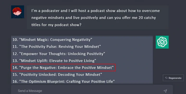 Regenerate podcast titles and pick an ideal one for your podcast show