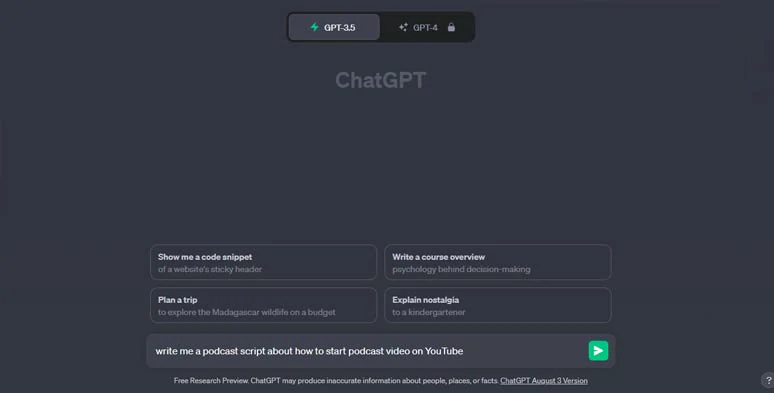 Use ChatGPT as a free podcast script generator to write a podcast script for your podcast show