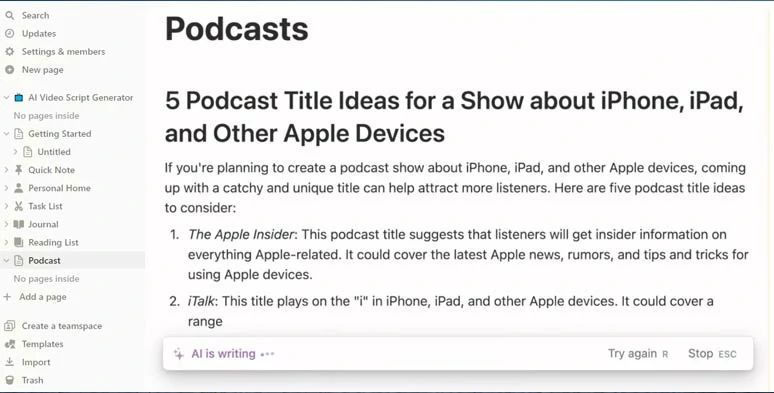 Use Notion.AI to write a podcast script for your podcast show