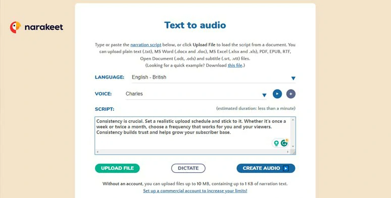 Convert diverse text files to lifelike radio announcer voice by Narakeet radio announcer voice generator