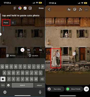 Tap and hold to paste the cut-out photo into the new background in Instagram Story