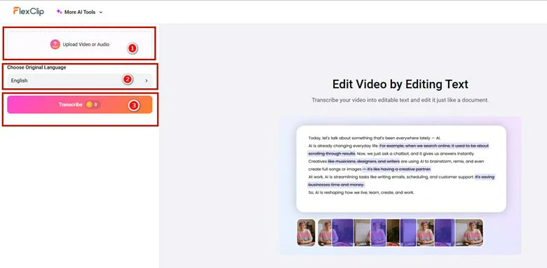Upload the File Containing Filler Words to FlexClip