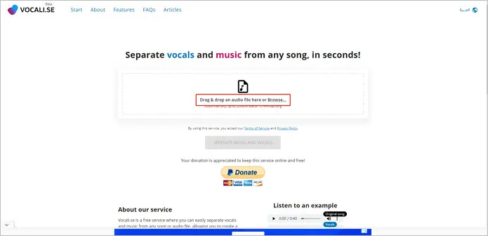 Separate Vocal from Music Online with Vocali.se - Upload