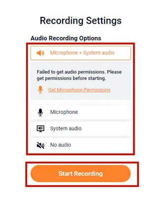 Adjust Audio Settings and Click on Start Recording to Launch Discord Screen Capturing