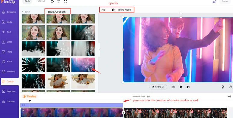 Add colorful and transparent smoke overlay to the dance clips and adjust its opacity, and blending mode