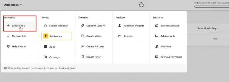 Select “Create Ads” in Snapchat Ads Manager