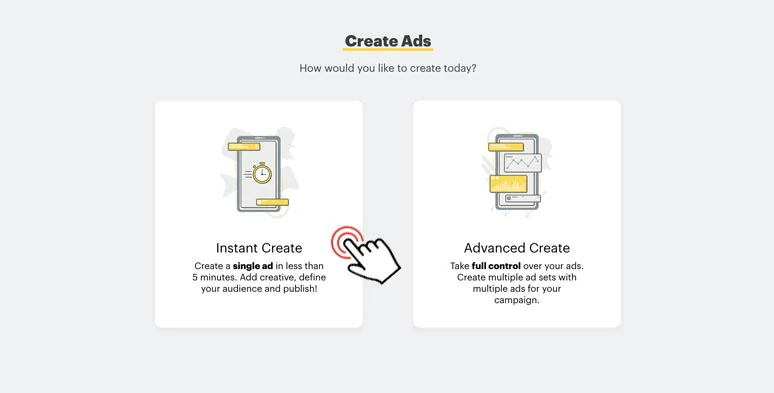 Select “Instate Create” to quickly create a Snapchat ad 