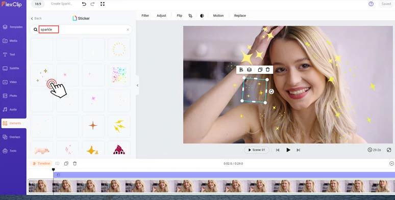 Add animated sparkle effects to videos and photos by FlexClip online
