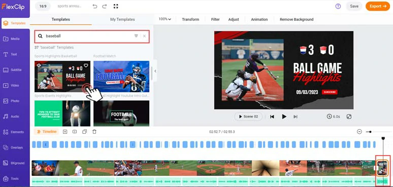 Add a baseball sports highlights intro to the intuitive timeline
