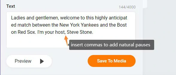 Insert commas to add natural pauses to a sports announcer voice