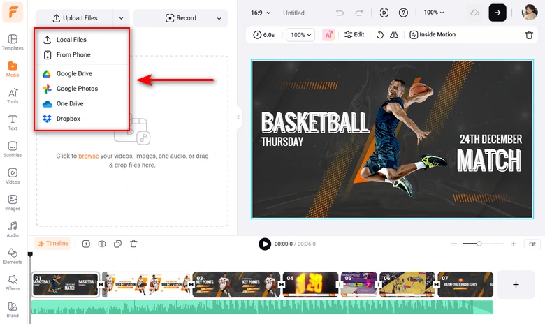 Upload your sports intro video assets to FlexClip
