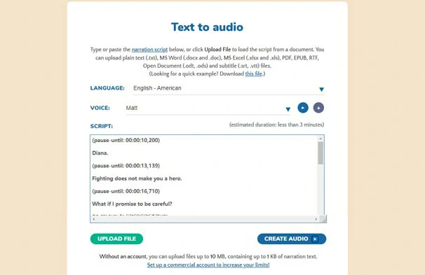 Convert SRT to speech by Narakeet online