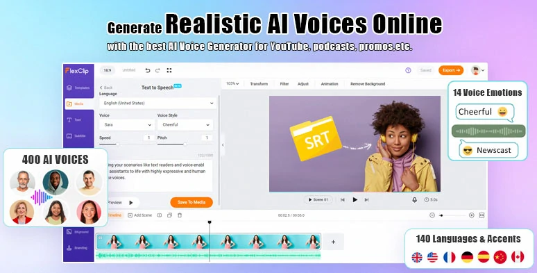 Directly convert srt to speech by FlexClip’s AI text-to-speech generator in a breeze