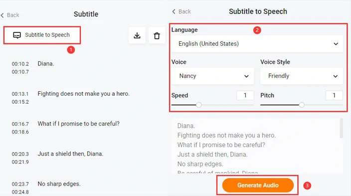 Select the target language and set the AI voice avatar and voice style, speed, and pitch, and convert srt to speech