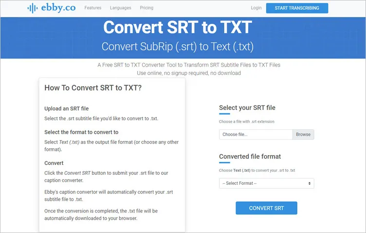 Convert SRT to Text File with Ebby.co