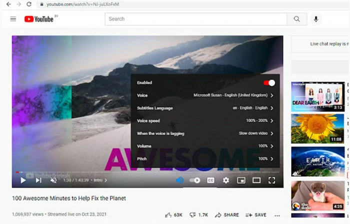 Traduce audio de videos de youtube en tiempo real