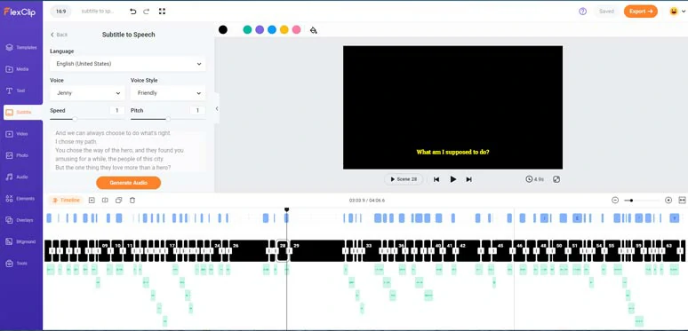 AI-generated voices perfectly synced to the subtitle’s timecode on the timeline