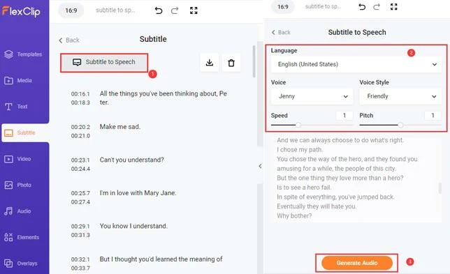 Select an ideal AI voice and tailor AI voice’s style, speed, pitch and convert subtitles to speech by AI voice generator