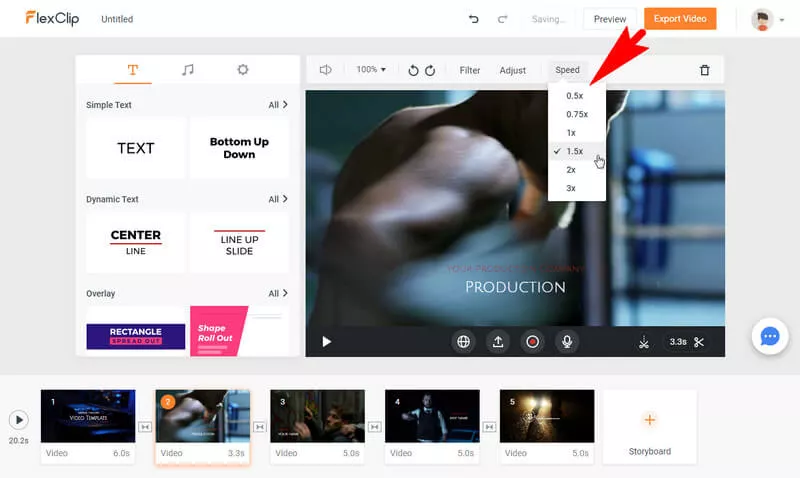 Adjust the speed of a video storyboard