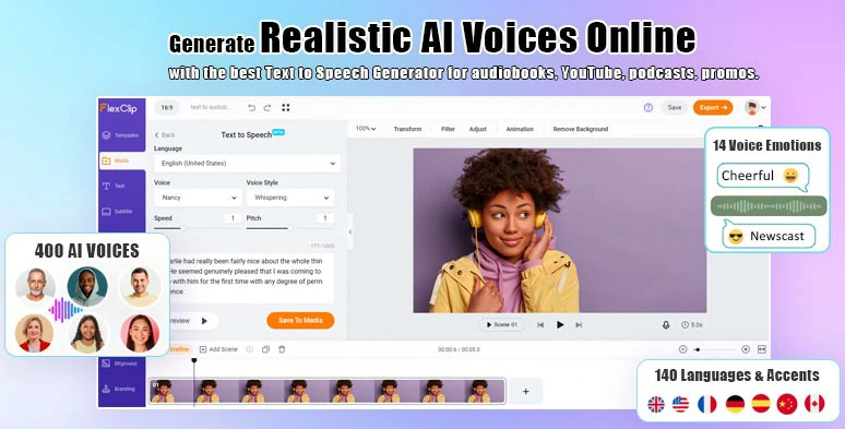 Use FlexClip’s text-to-speech generator to add realistic AI voices to convert any text to audiobooks