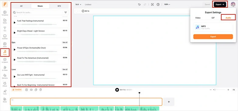 Add royalty-free music and sound effects for audio mixing and save it to MP4