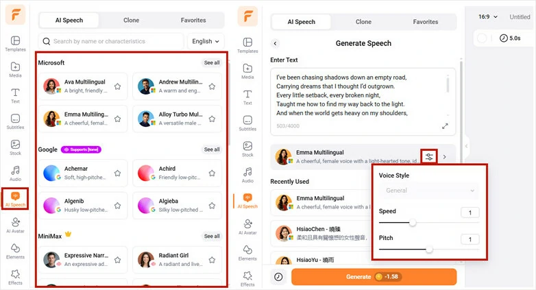 Select an AI voice and set the voice style and convert text to realistic AI voices
