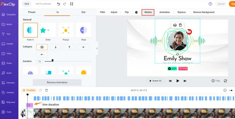 Easily animate images or clips with styles in your podcast video