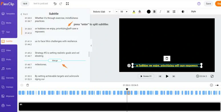 Easily split or merge subtitles for your podcast video