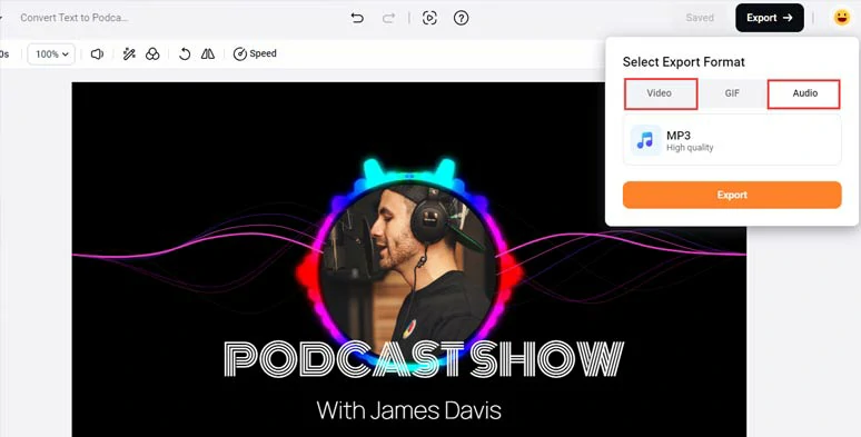Save well-crafted podcast projects in MP3 or MP4 format