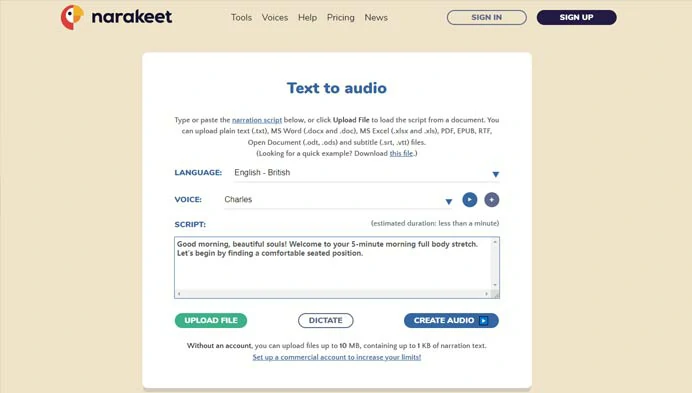 Convert text to speech for YouTube videos by Narakeet