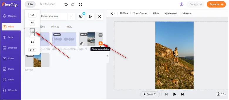 Set the video aspect ratio to 9:16 and add clips to the timeline