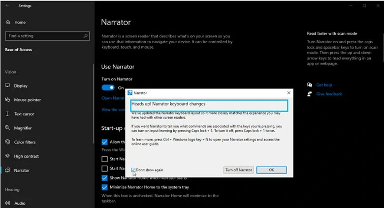 Make Configuration of the Narrator on Windows 10