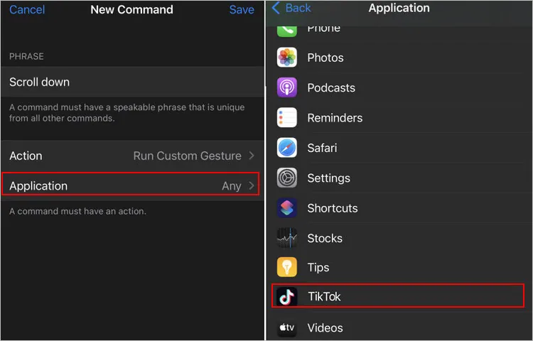 Using Voice Commands on iPhone for Auto Scrolling on TikTok - Select Application