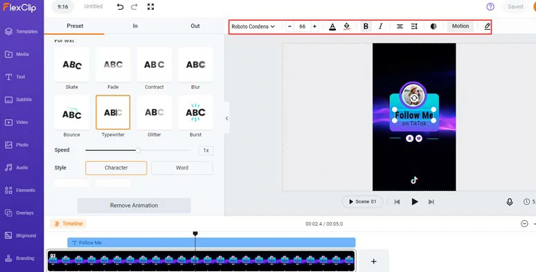 Customize the text, text styles, and text animations in the TikTok outro