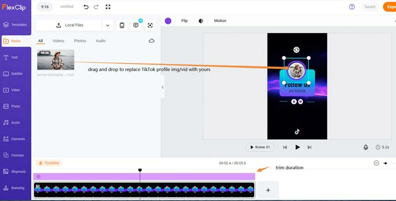 Drag and drop your TikTok image or profile video to replace premade one and trim its duration