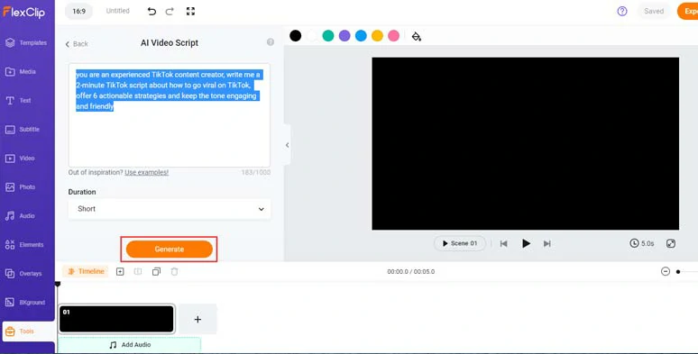 Enter ChatGPT prompts and use the AI video script generator to generate TikTok scripts