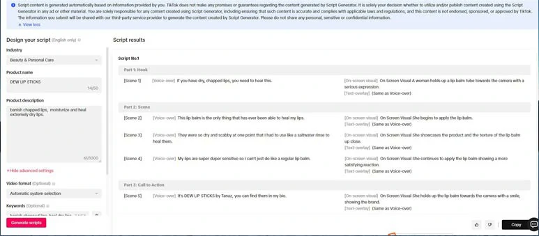 Use TikTok’s native and free TikTok script generator to generate TikTok scripts for commercial ads