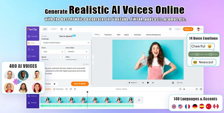 Generate realistic text-to-speech AI voices for TikTok videos by FlexClip AI voice generator