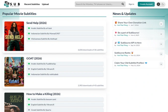 Homepage of Subsource