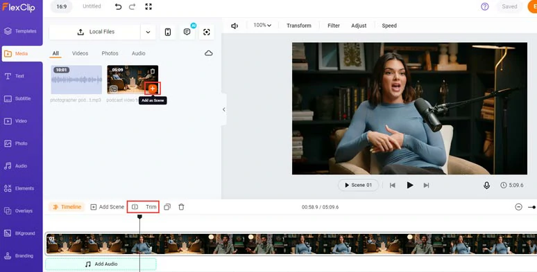 Add the interview video or audio to the timeline and trim or split it when needed