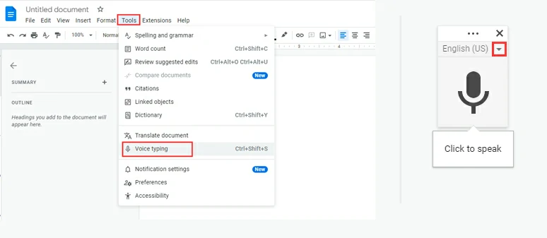 Add the voice typing tool in a new Google document and select the language for transcription