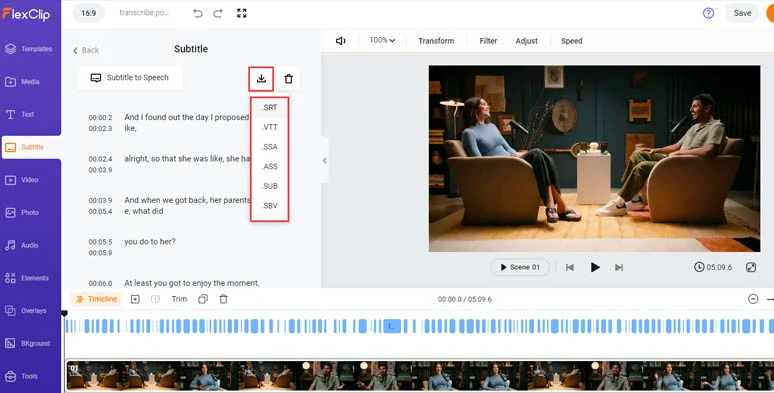 Directly download podcast transcript in SRT and 5 other subtitle formats for closed captions and other repurposings