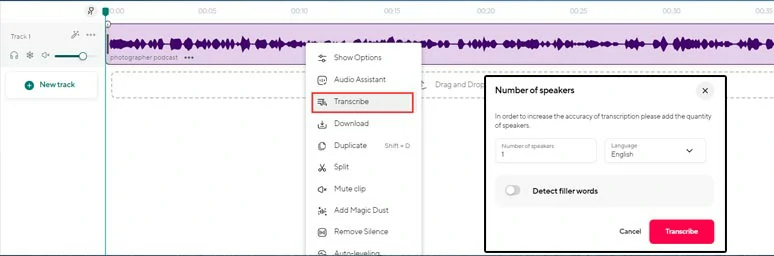 Select the source language and number of speakers and transcribe Podcast to text